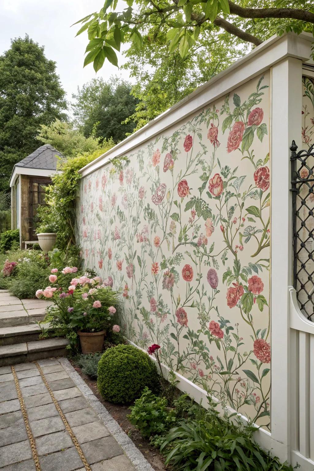 Patterned wallpaper adds bold character to garden walls.