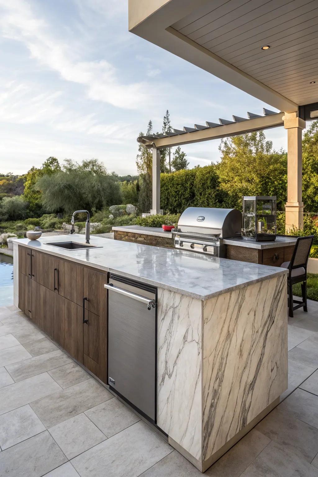 A modern outdoor kitchen island featuring a stunning waterfall countertop.