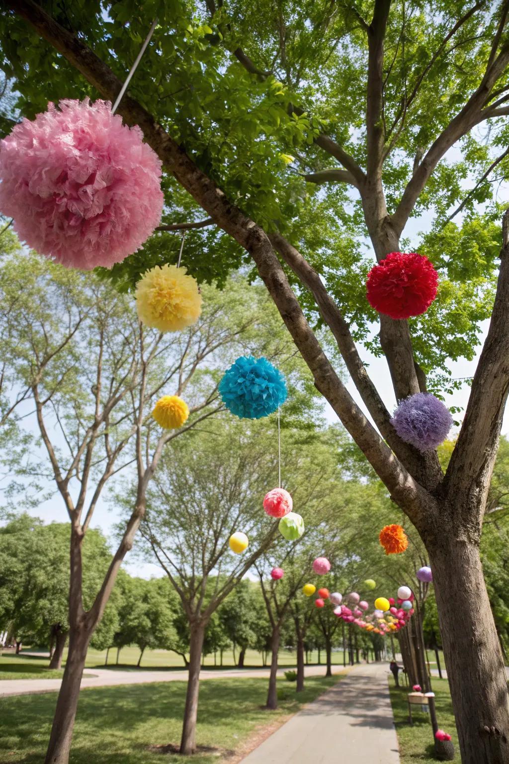Fluff decorations add a playful splash of color to the park.