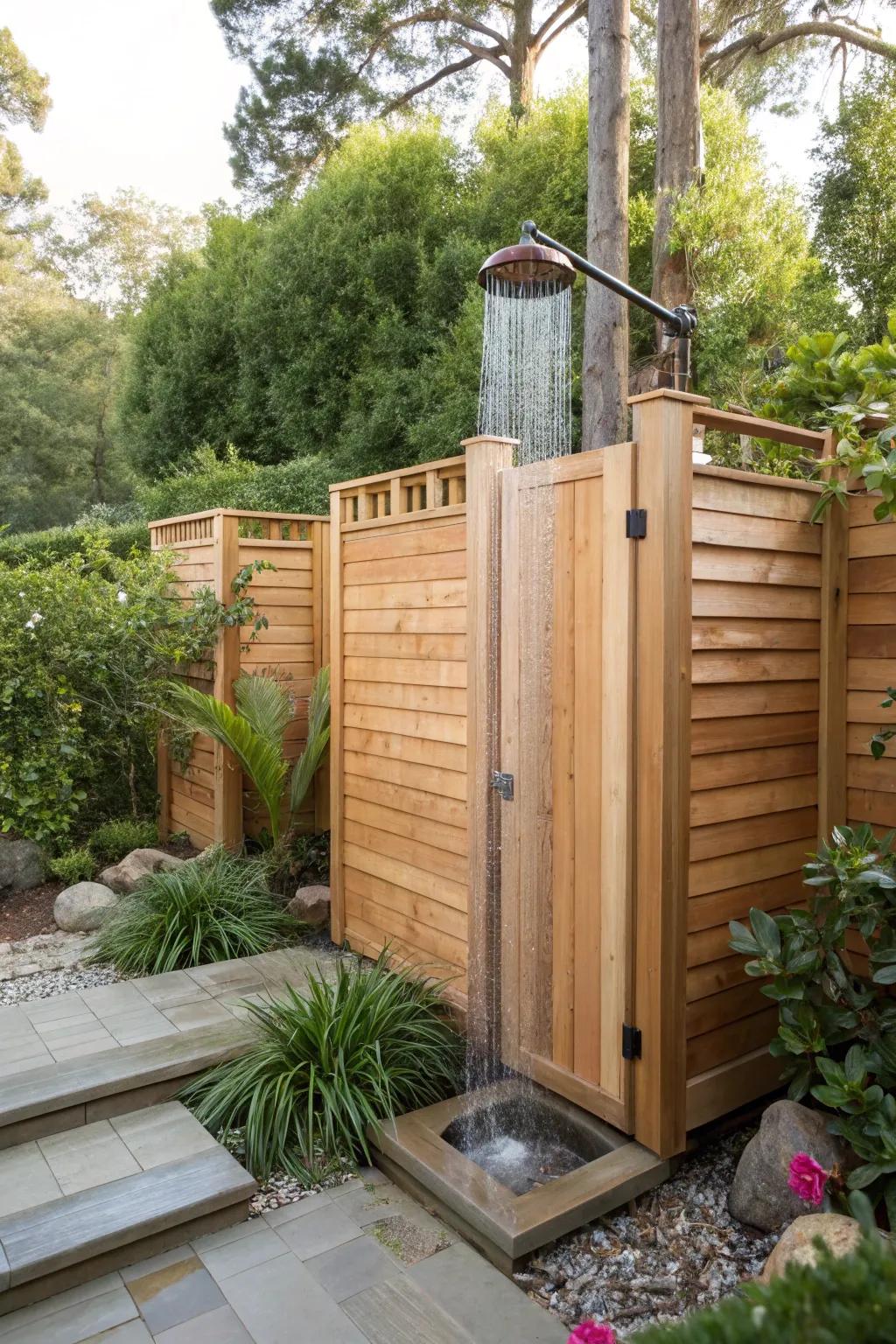 An inviting outdoor shower surrounded by pine enclosures.