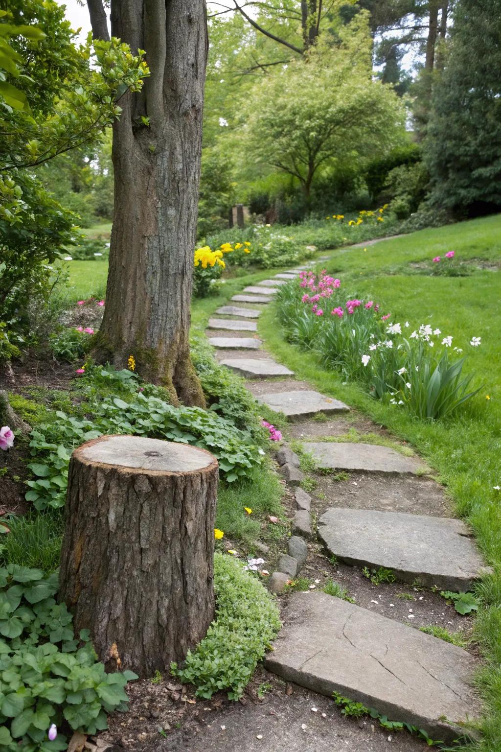 A pathway with a stump feature adds charm and function.