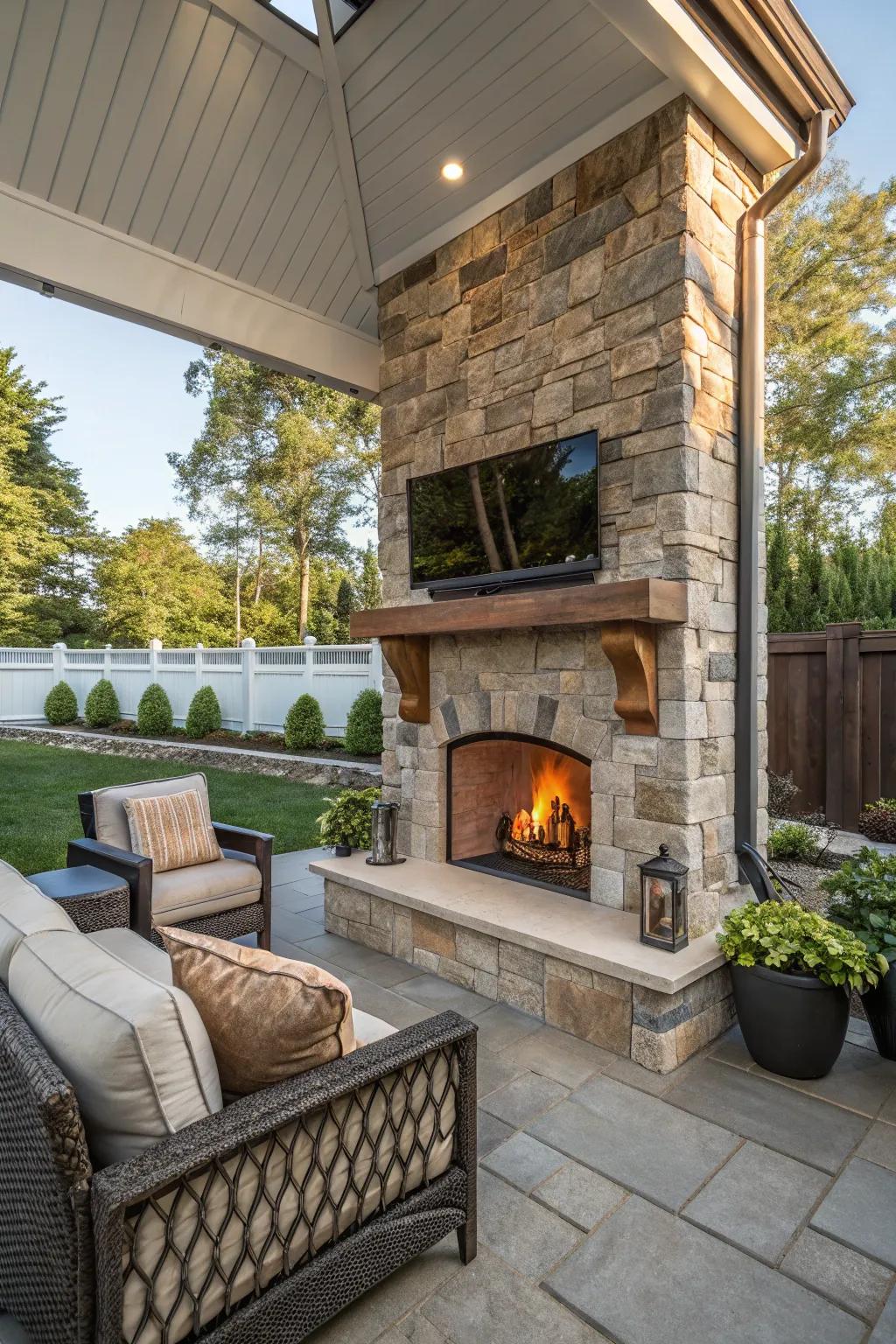 Merge warmth and entertainment through a fireplace TV arrangement.