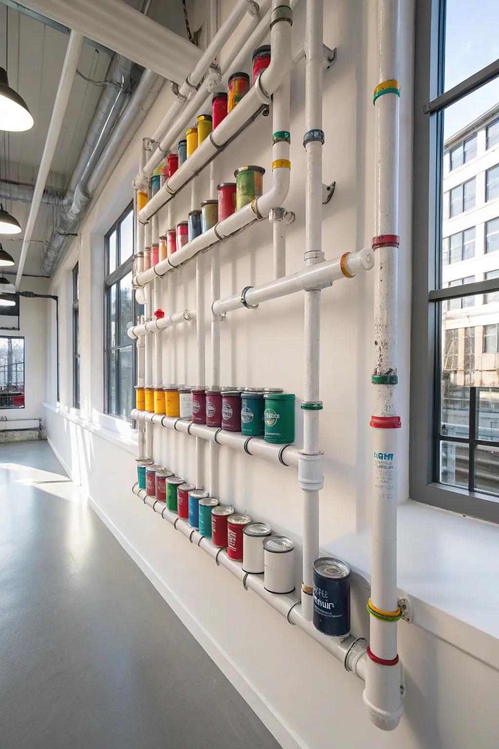 Polymer pipes used to organize paint cans in a modern art studio.