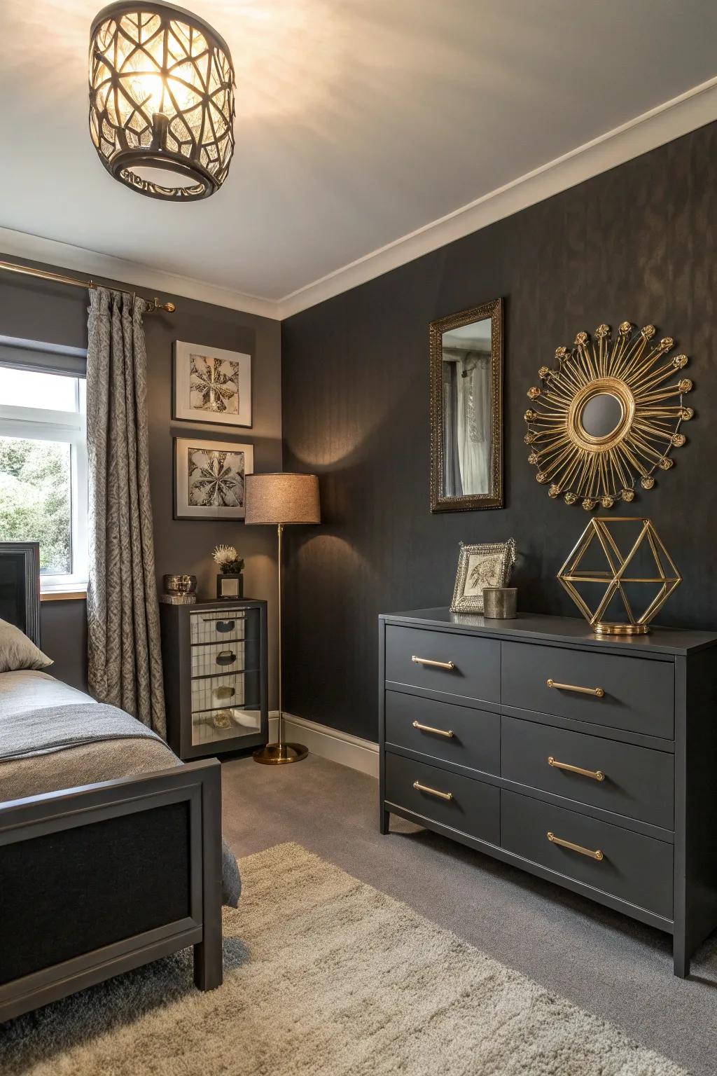 Charcoal hues integrate modern drama and depth to compact spaces.