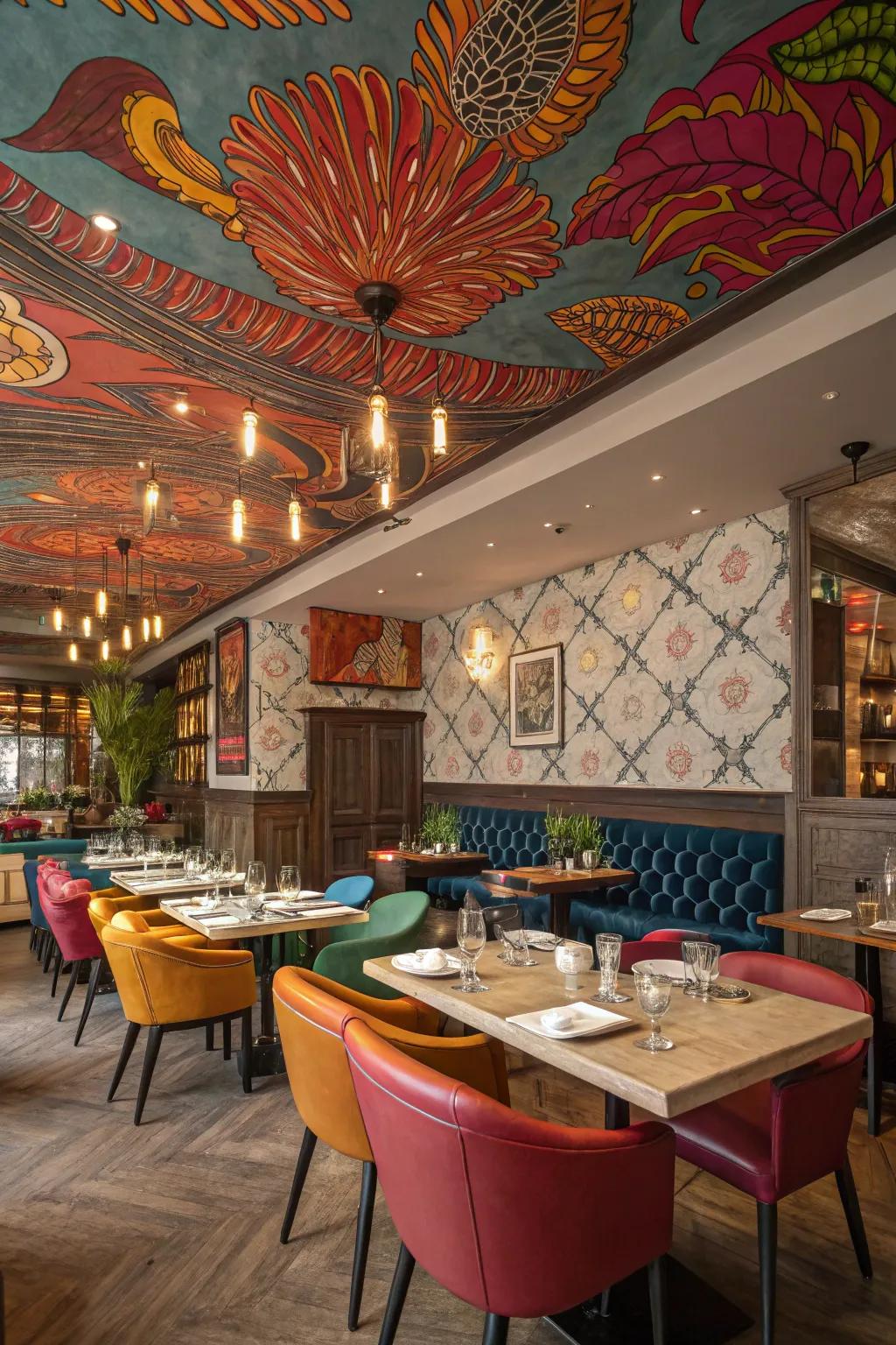 Abstract designs infuse the overhead with artistic flair.
