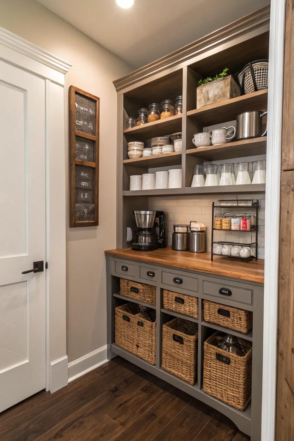 A closet converted into a chic coffee bar is both functional and surprising.