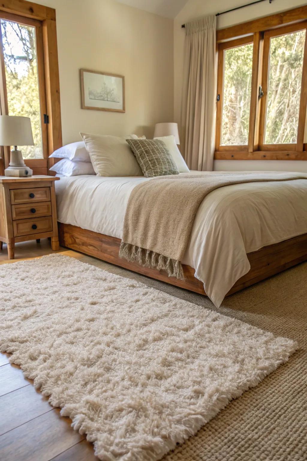 A plush ground rug infuses warmth and comfort.