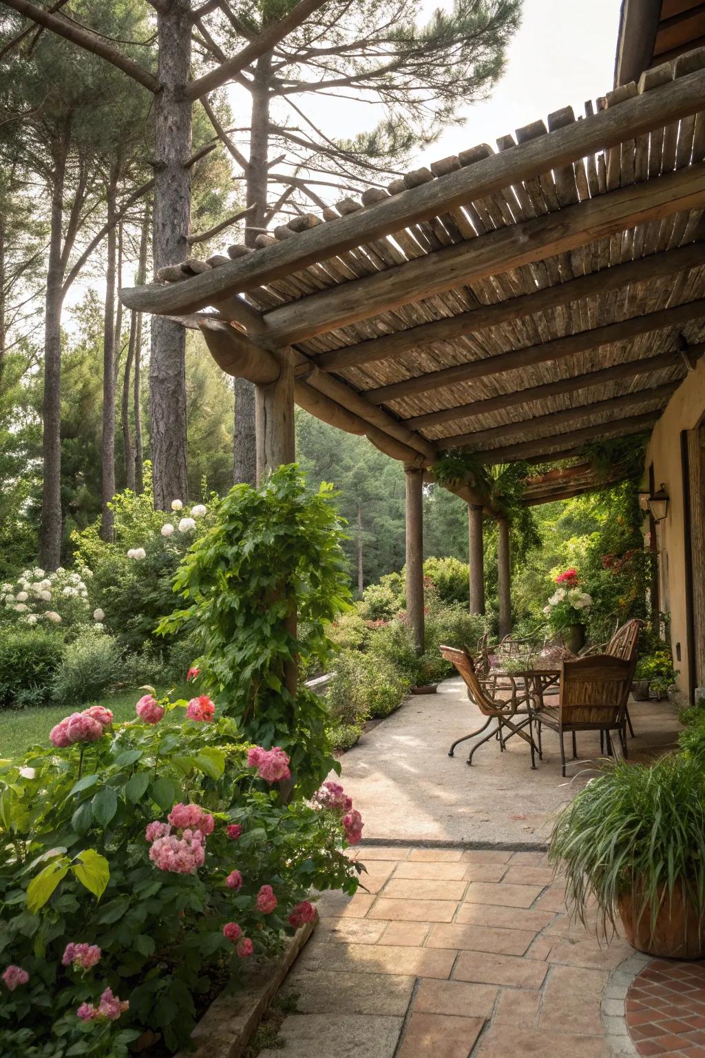 Rustic wood awnings provide charm and warmth to outdoor areas.