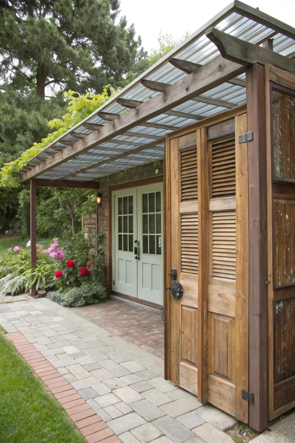 Reclaimed resources infuse charm and sustainability into patio covers.