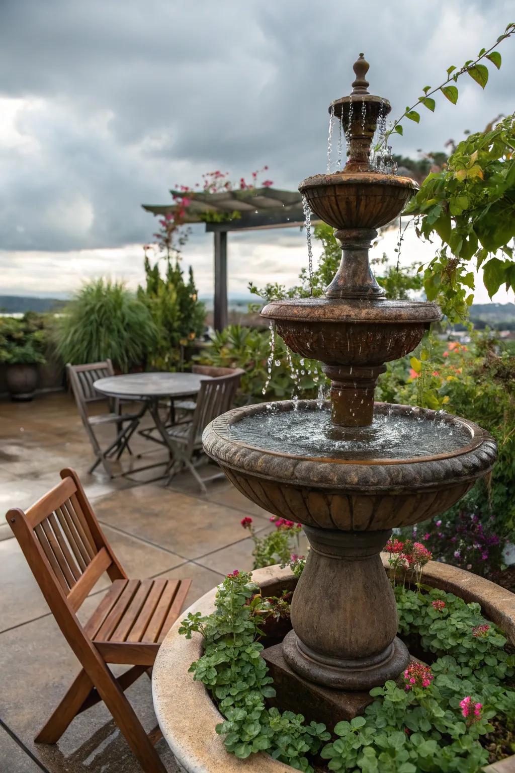 A tabletop water fountain adding tranquility to a patio.