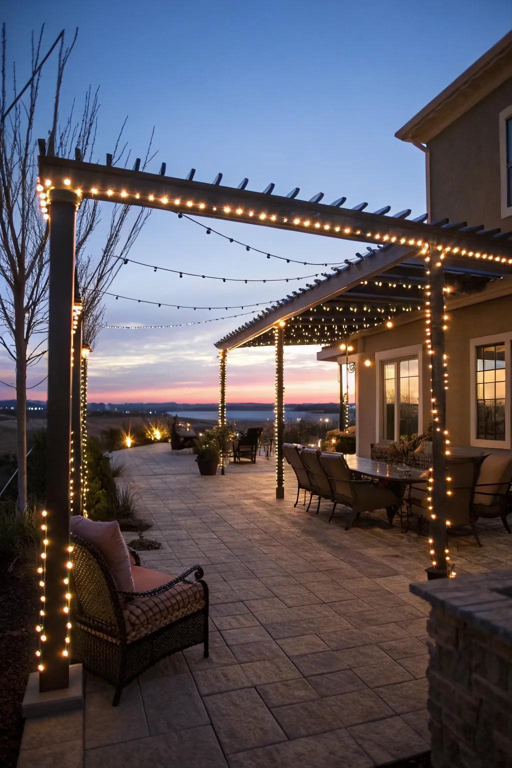 Cord lights creatively outline structures and introduce a playful element.