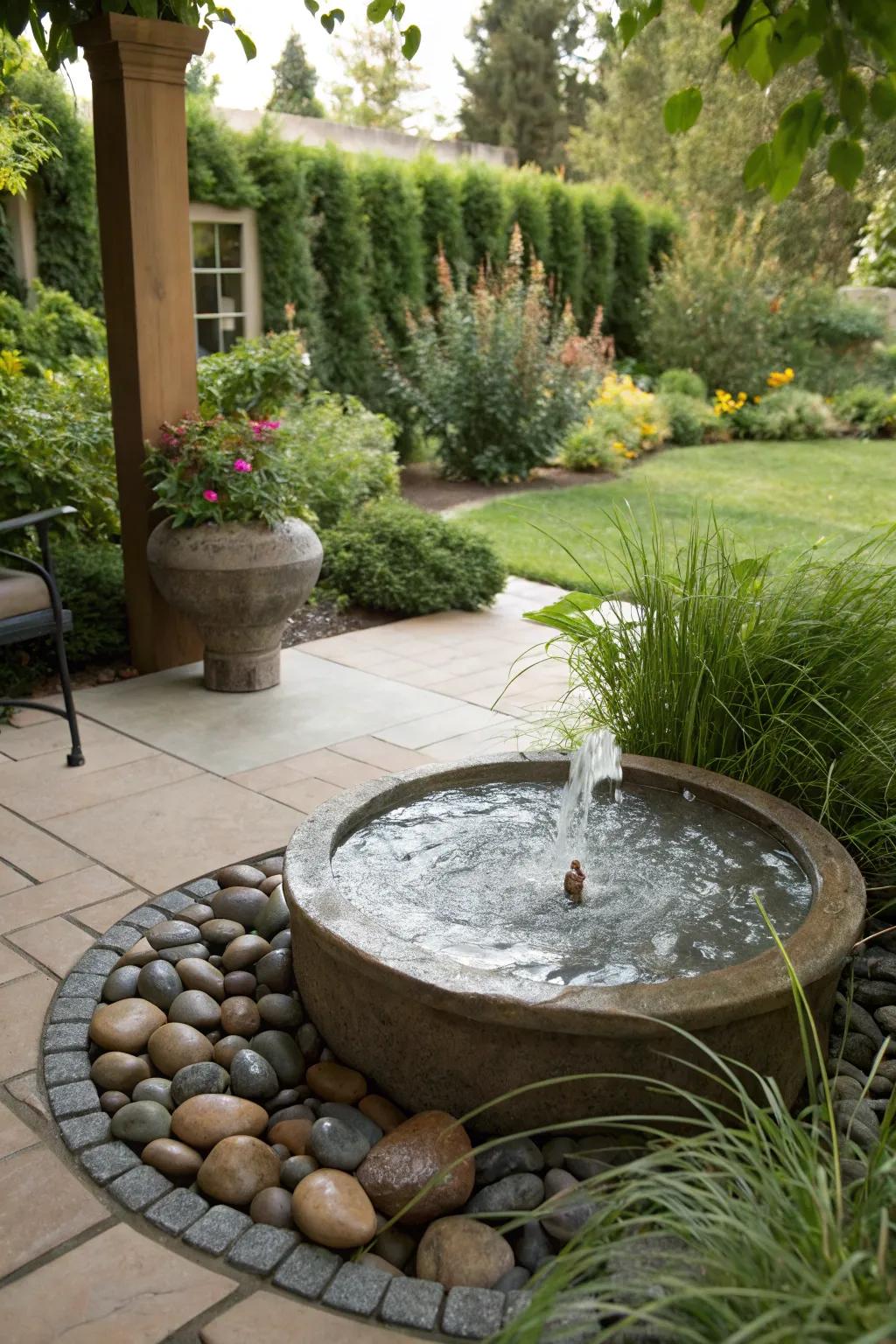 The soft sound of a water feature adds tranquility to your patio.