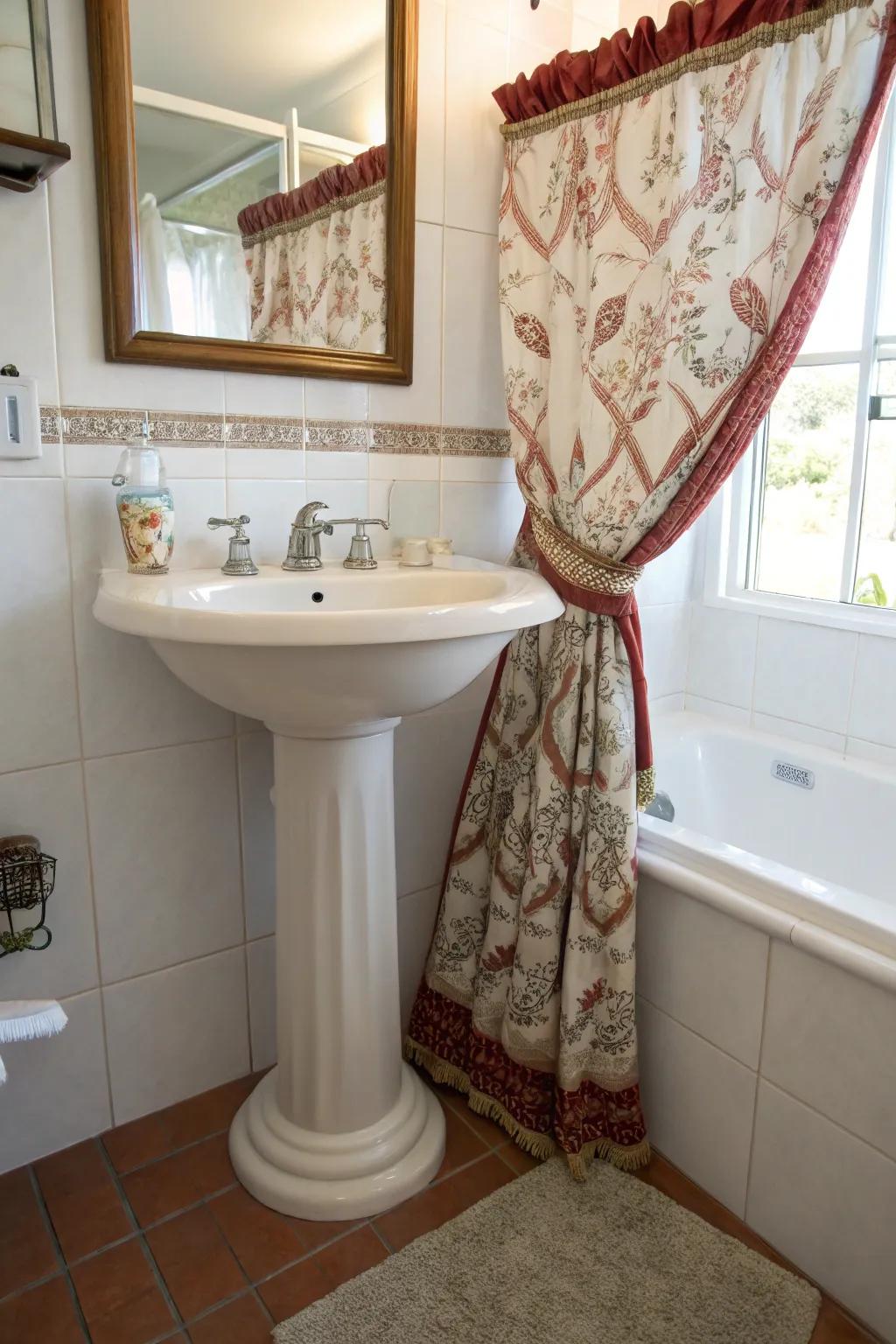 A decorative curtain providing a delicate storage cover.