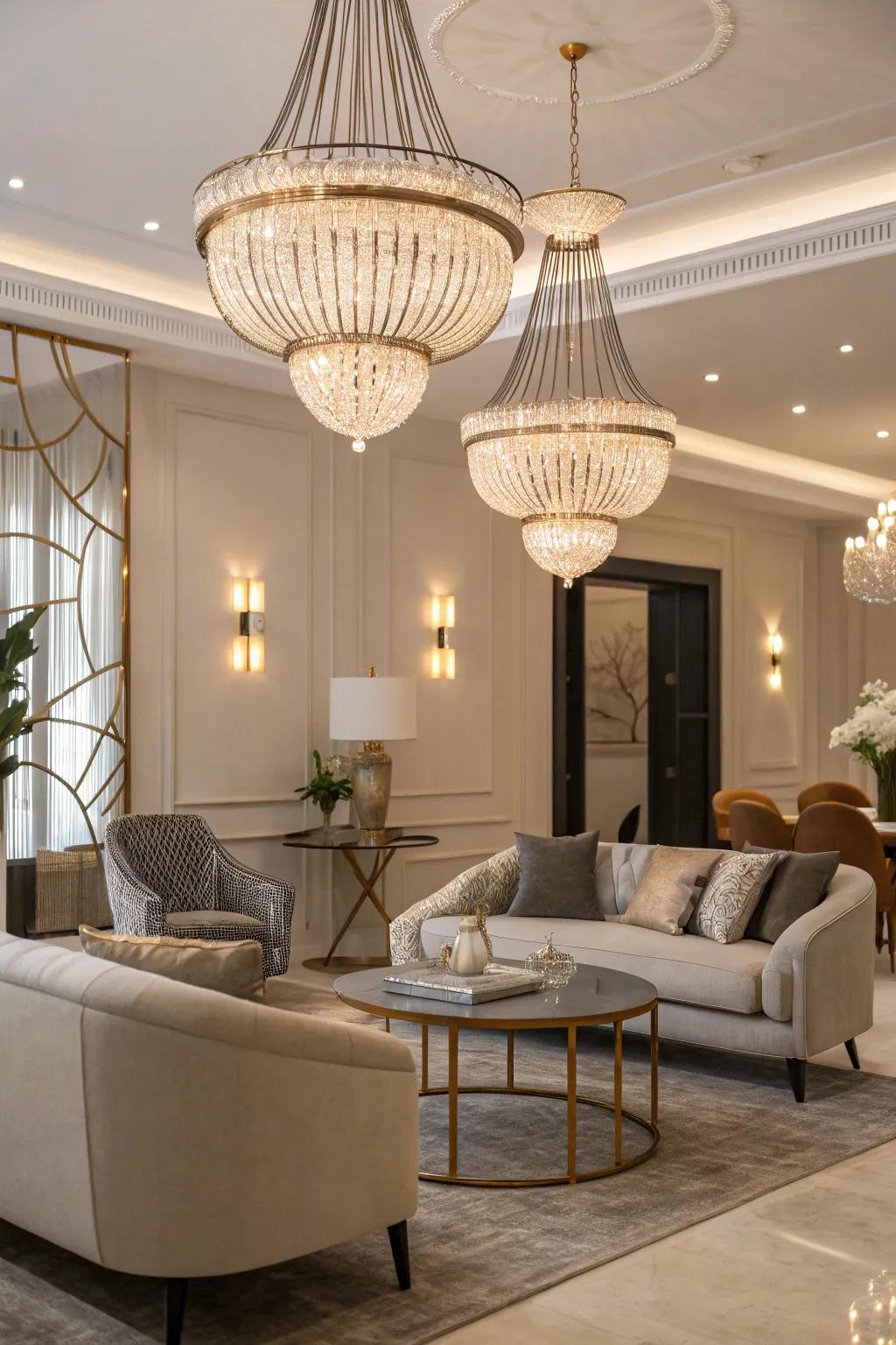 Sculptural pendants create a striking focal attraction.