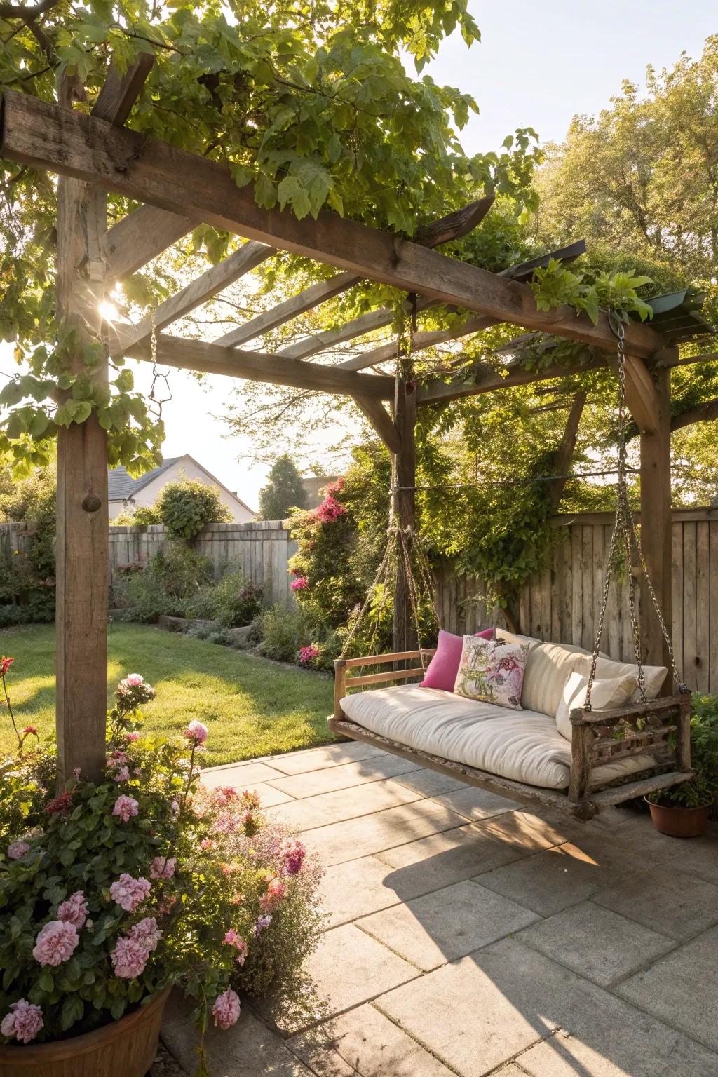 A swing beneath your arbor offers a perfect spot to relax.