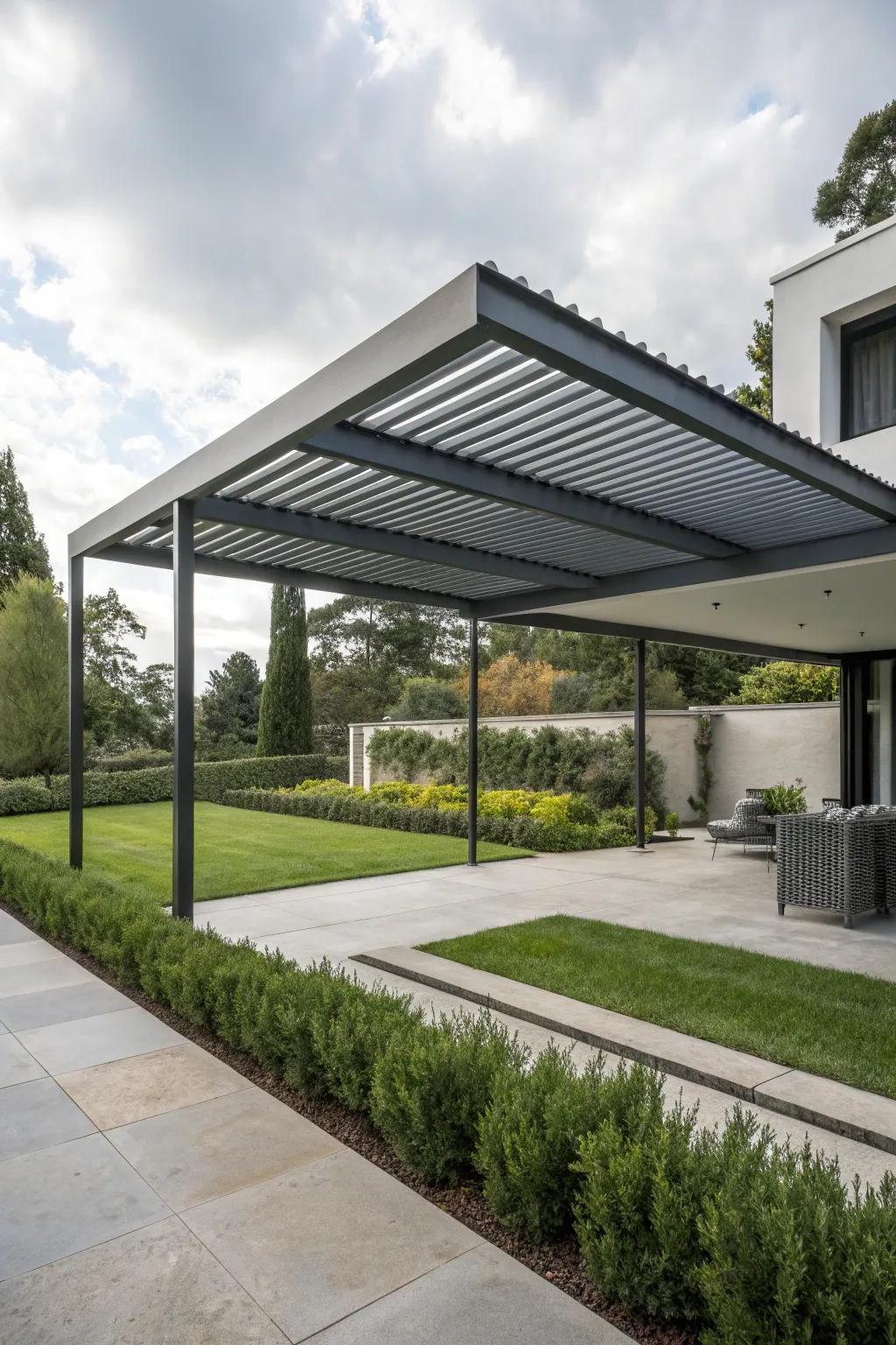A sleek steel pergola roof shows modern style.
