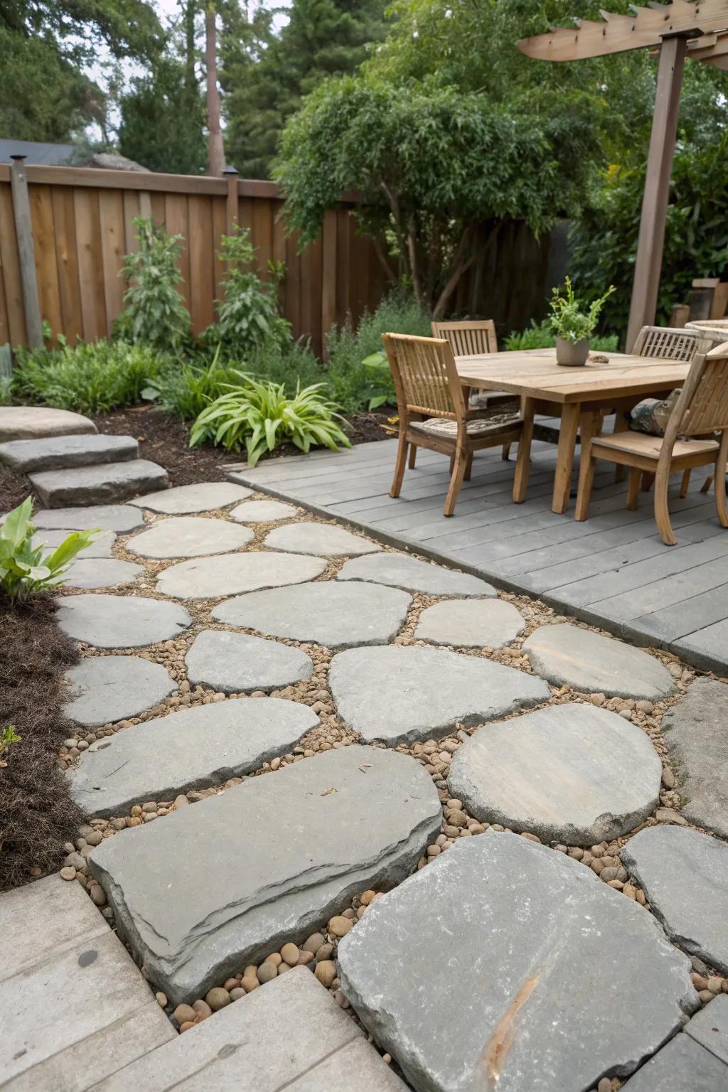 Recycled urbanite creates a unique and sustainable patio surface.