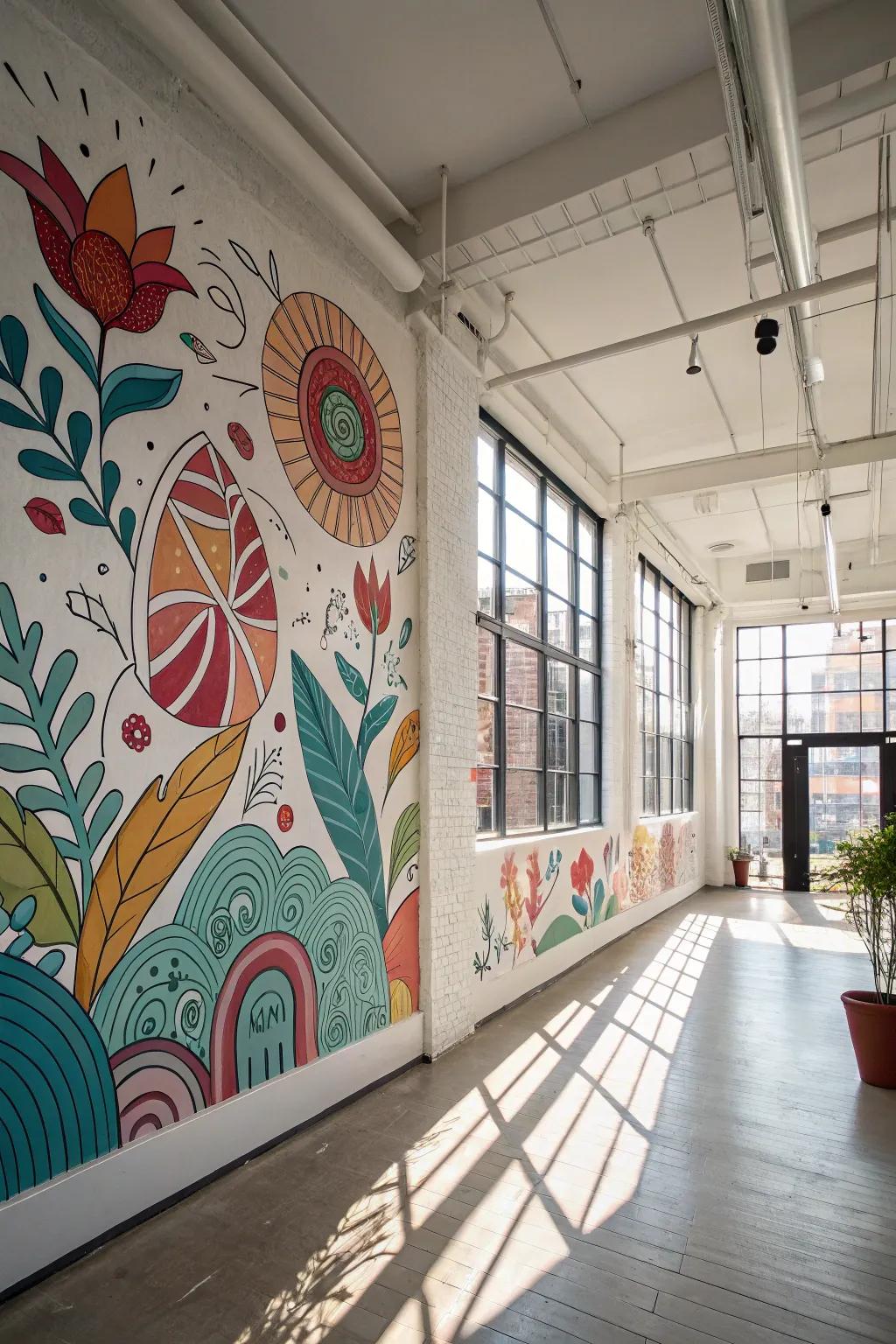 A wall showcasing an artistic mural, making a bold statement in a modern loft.
