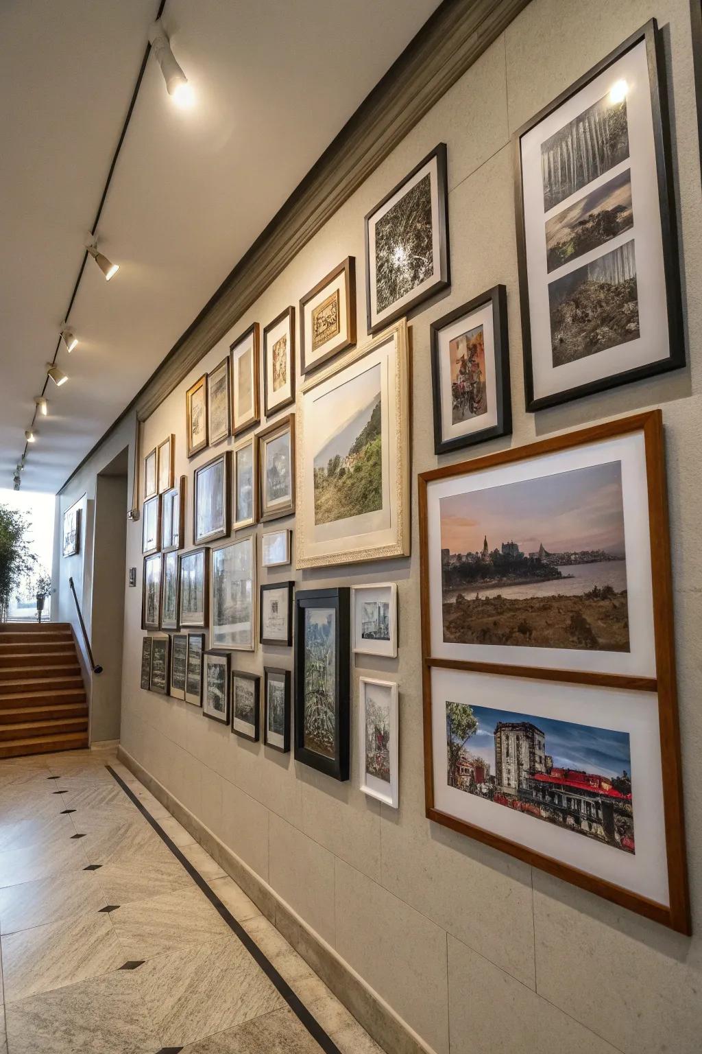 A mix of large and small frames creating visual interest.