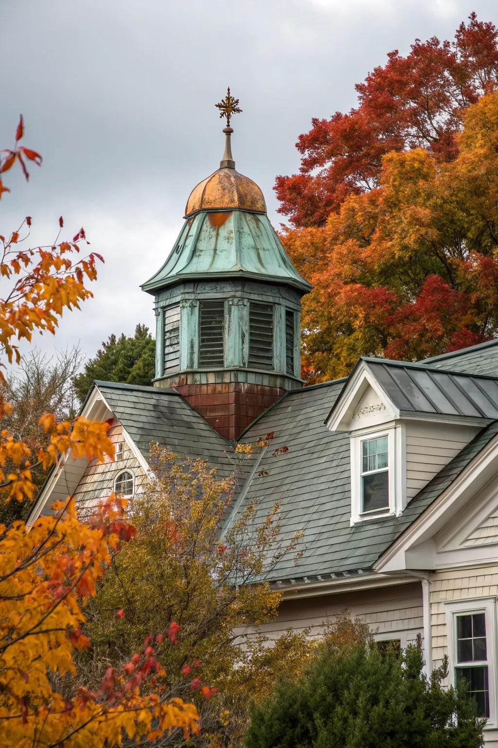 A house showcasing a copper cupola with an exquisite patina.