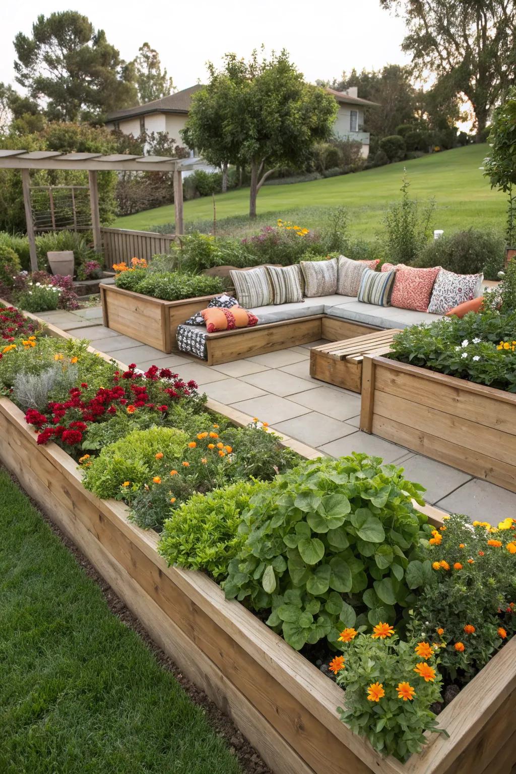 Enjoy your garden from integrated seating within your raised flower beds.