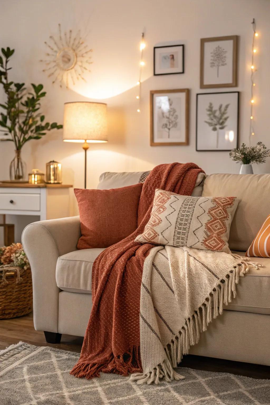 Wraps on a sofa with harmonizing shades, producing a cohesive design.