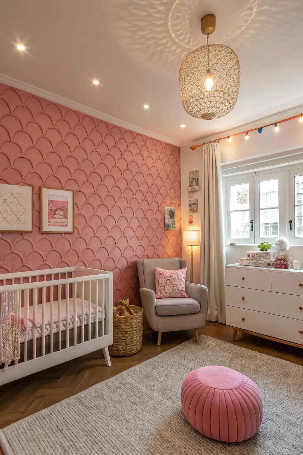 A nursery with textured rose paper that invites exploration.