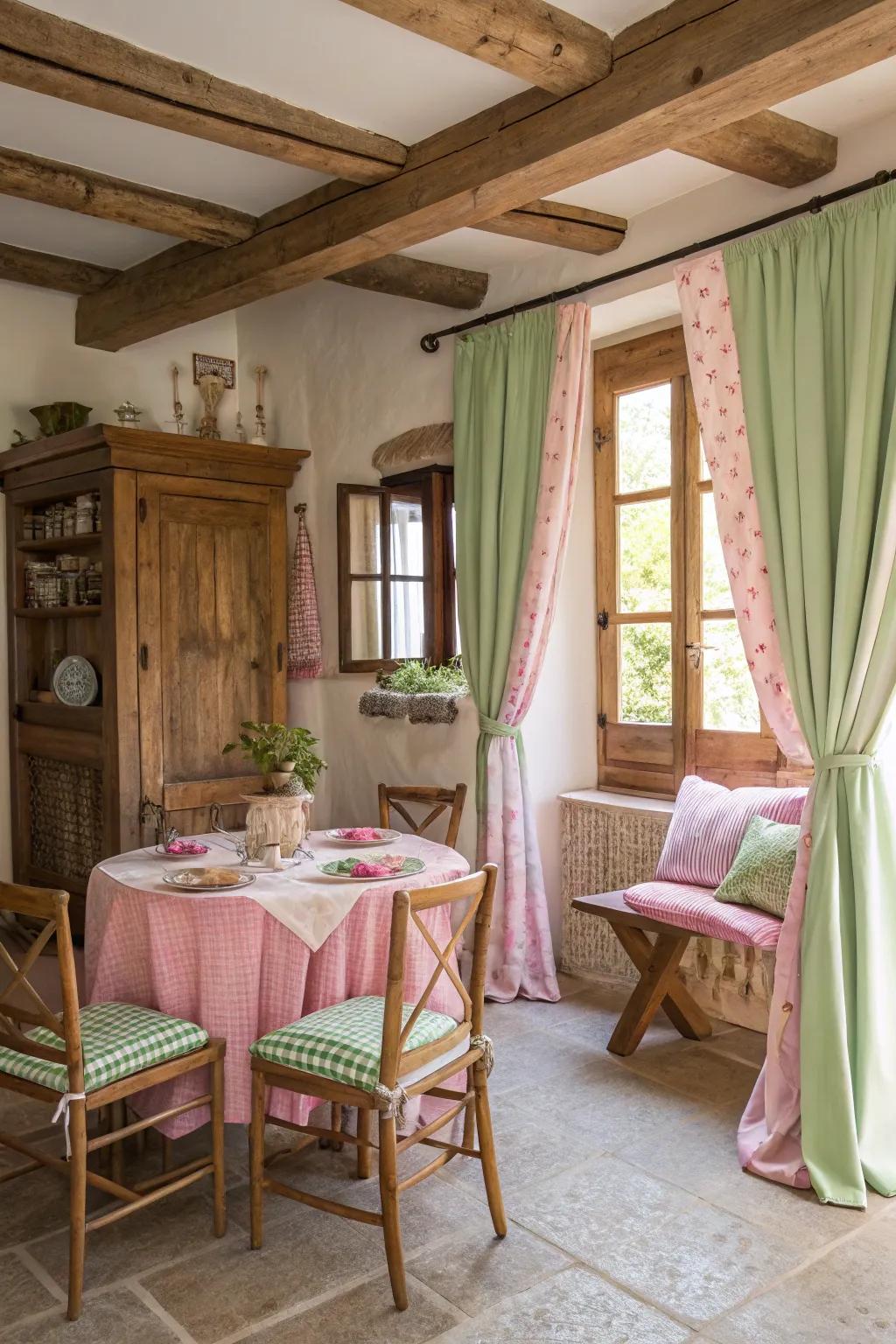 Wooden furniture with pink and green textiles creates rustic charm.