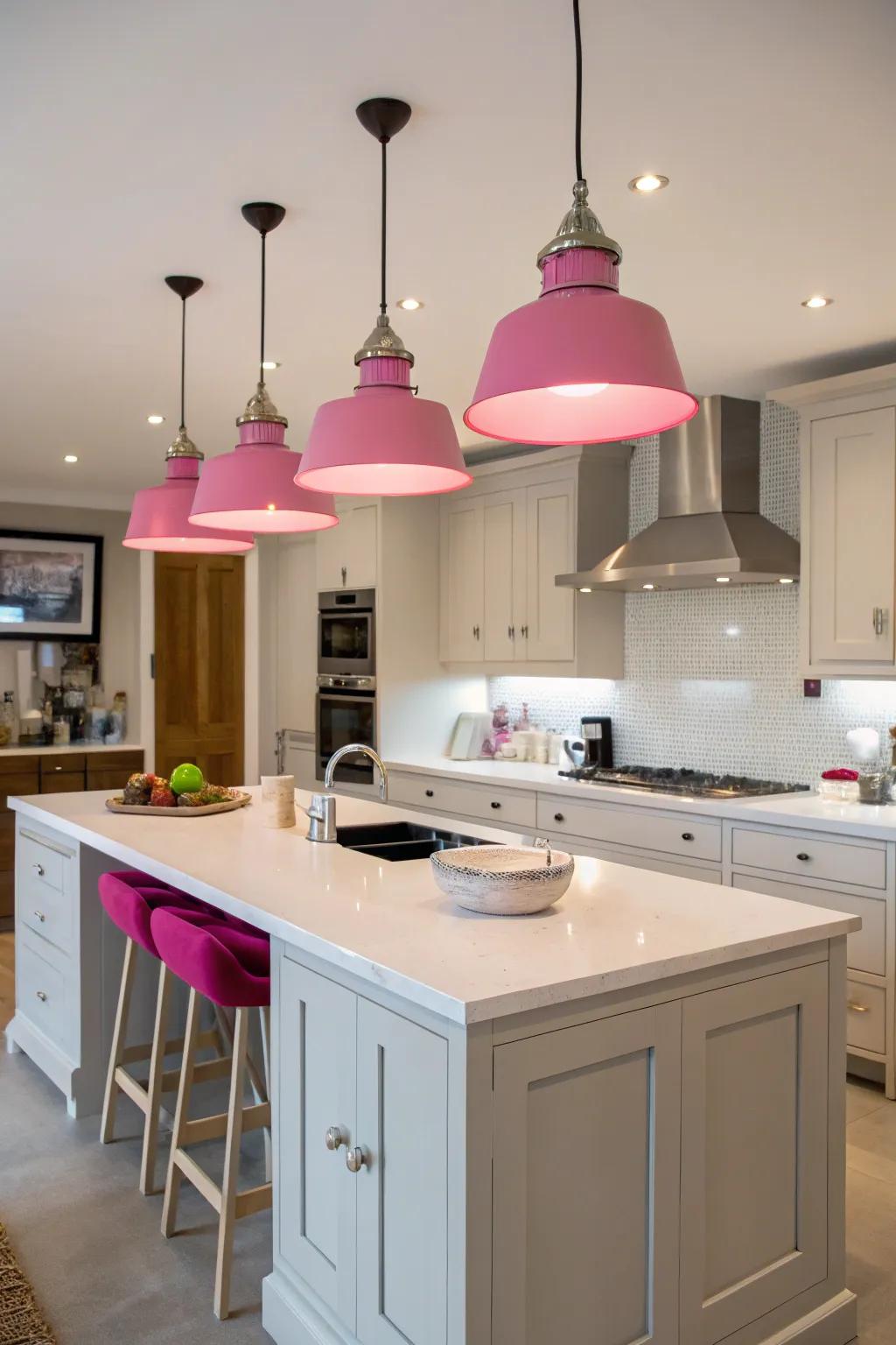 Rose hanging lights adding a fun detail to the kitchen.