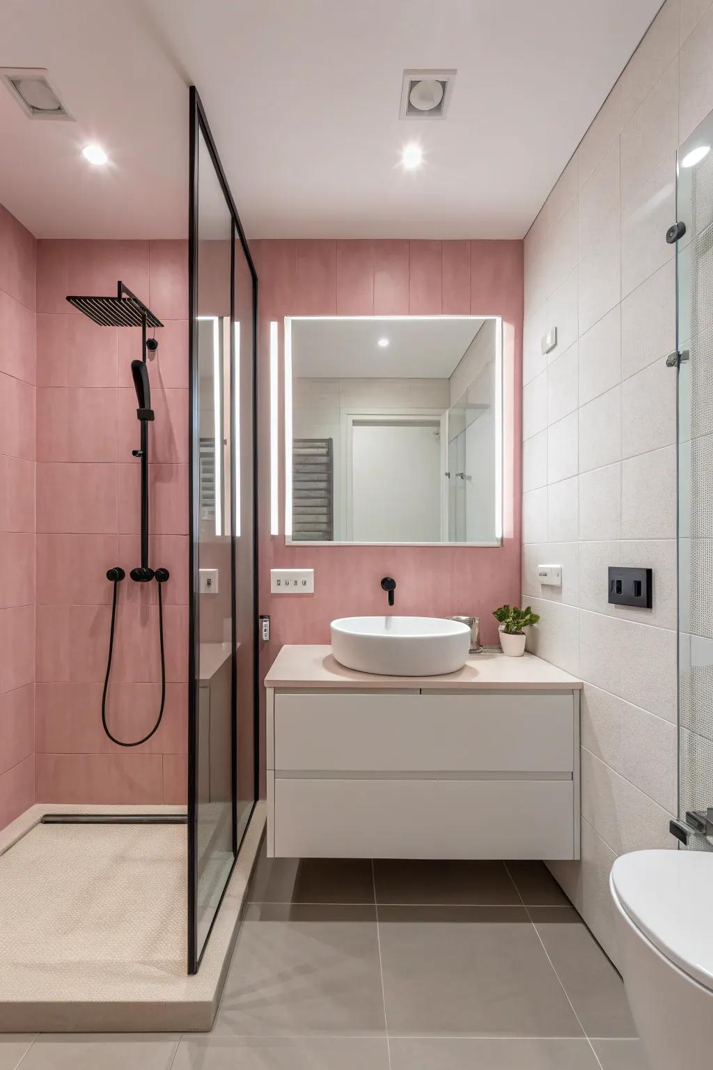 Minimalist rose and white produce a contemporary appearance.