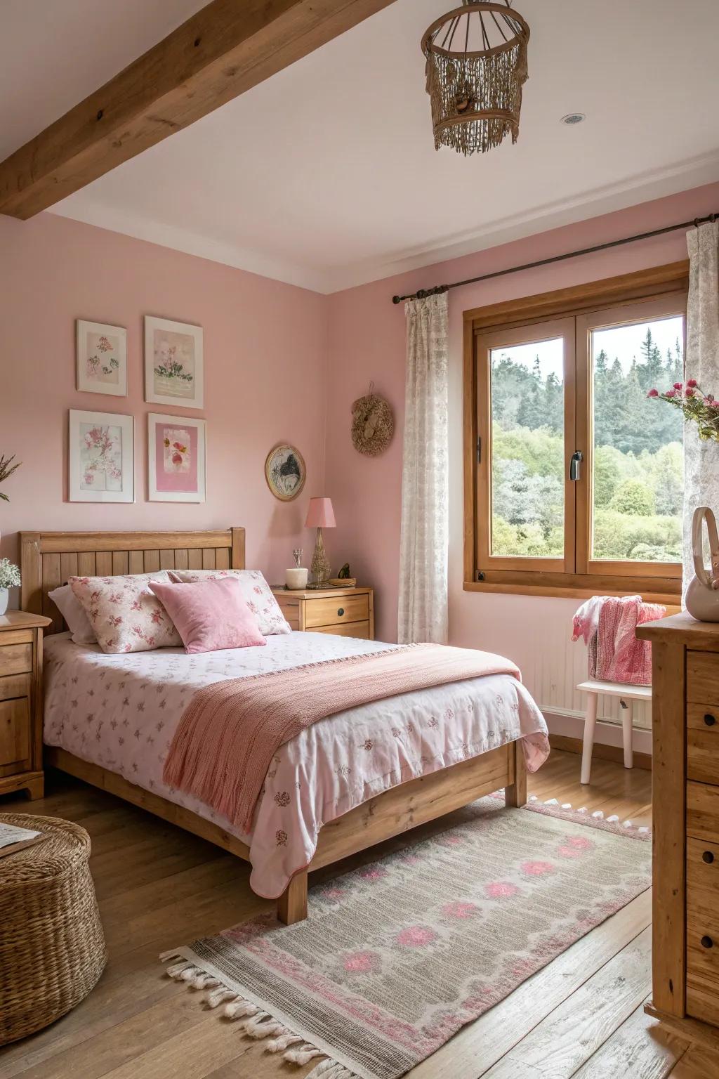 Natural wood elements blend beautifully with rose decor in this organic bedroom.