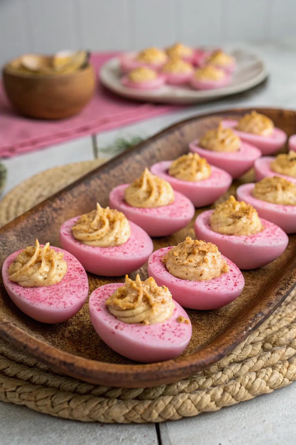 Pink deviled eggs make a colorful and tasty appetizer.