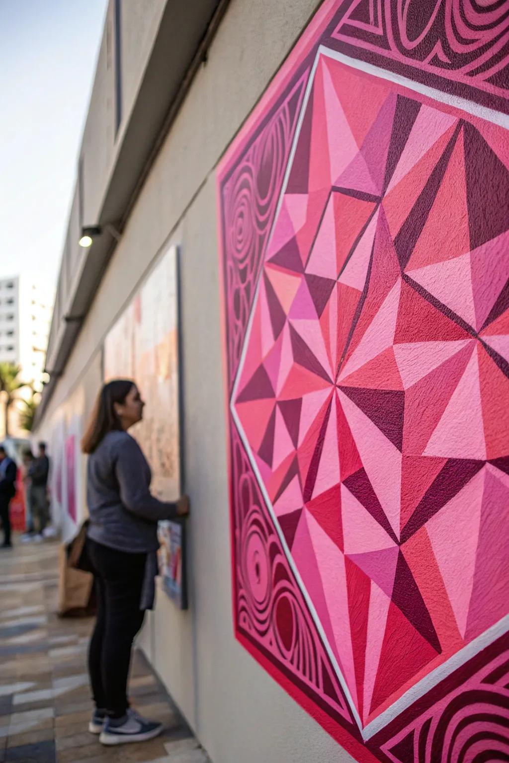 Contemporary geometric artpiece showcasing pink motifs.