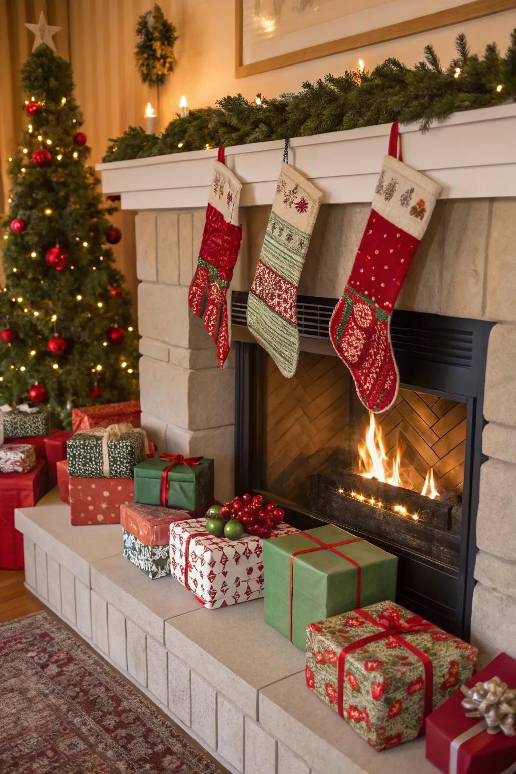 Create your fireplace a festive point of focus with skillfully arranged gifts.