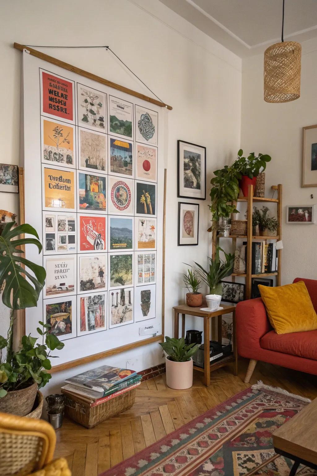 A print with an unconventional grid layout balancing a varied living room.