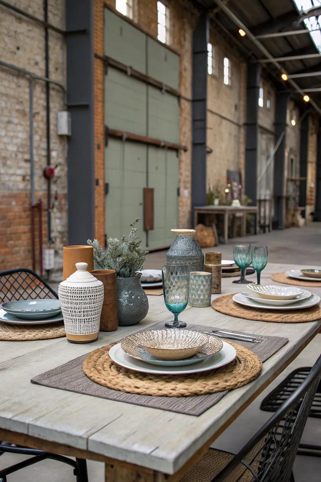 Blended materials construct a visually vibrant and fashionable table presentation.