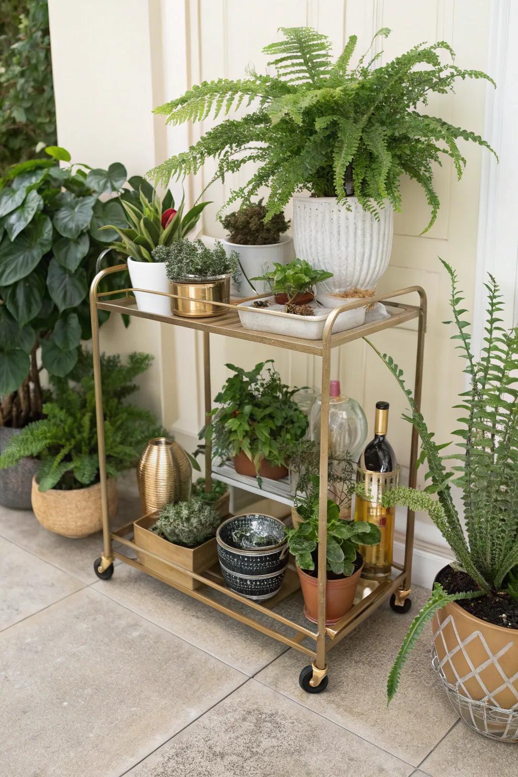 Use a bar cart to create a chic mobile plant display.