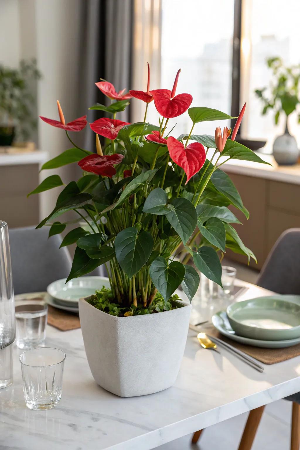 Vivid anthuriums, bringing a pop of color and joy to mom's decor.