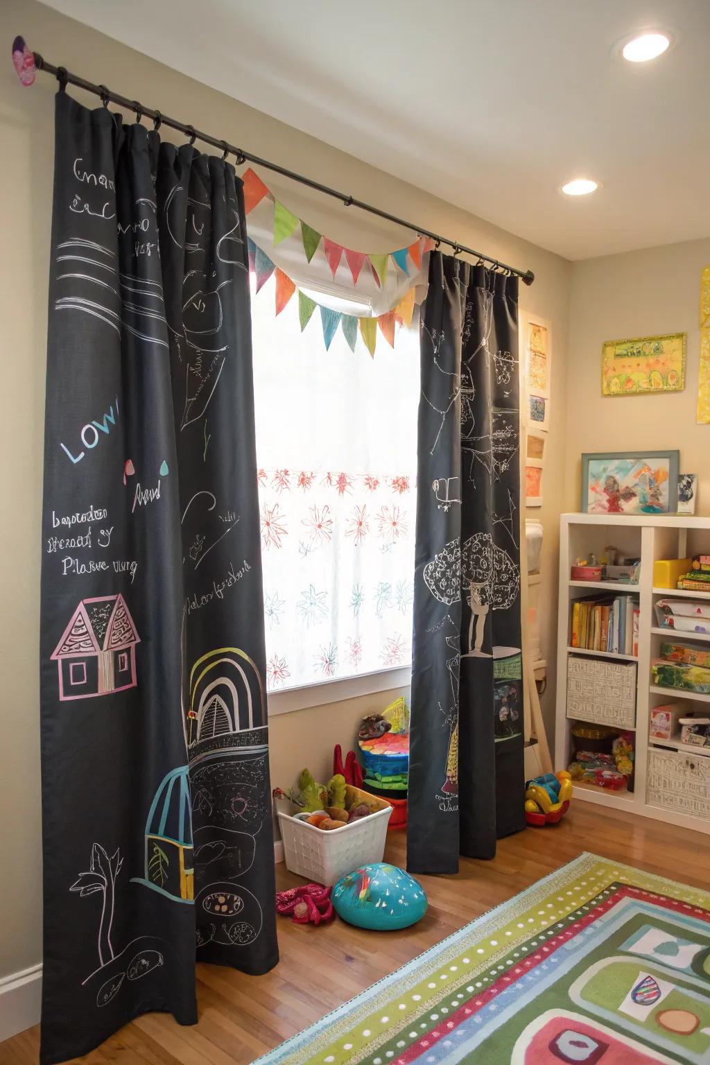 Chalkboard fabric curtains let kids express their creativity.
