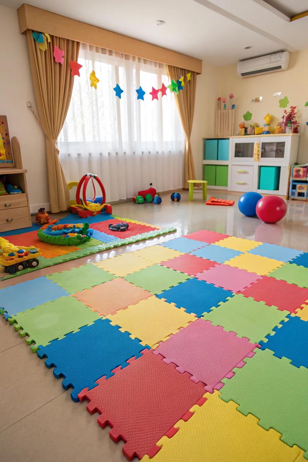 Foam flooring offers a safe and easy-to-clean play surface.