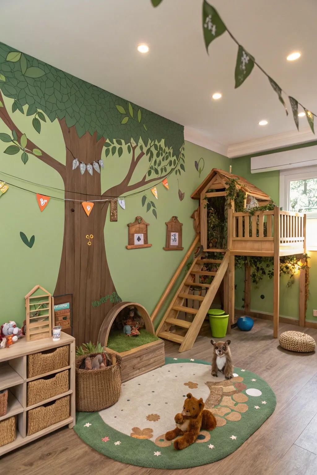 A forest theme creates a grounding and imaginative space.