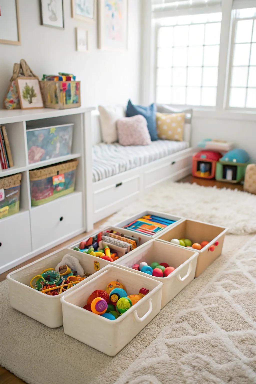 Under-bed storage containers filled with toys to maximize playroom space.