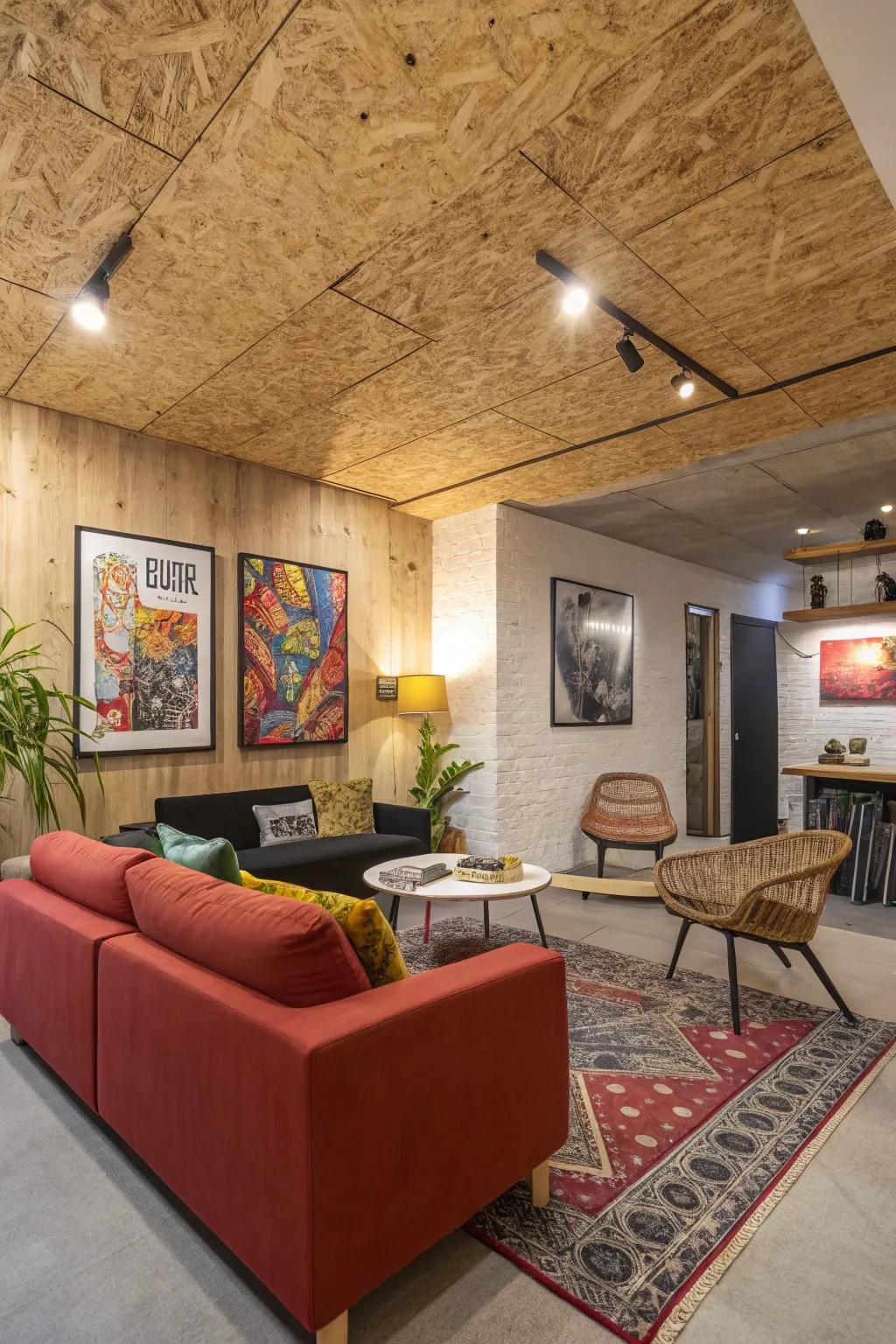 A playful textured plywood ceiling that includes personality to the room.
