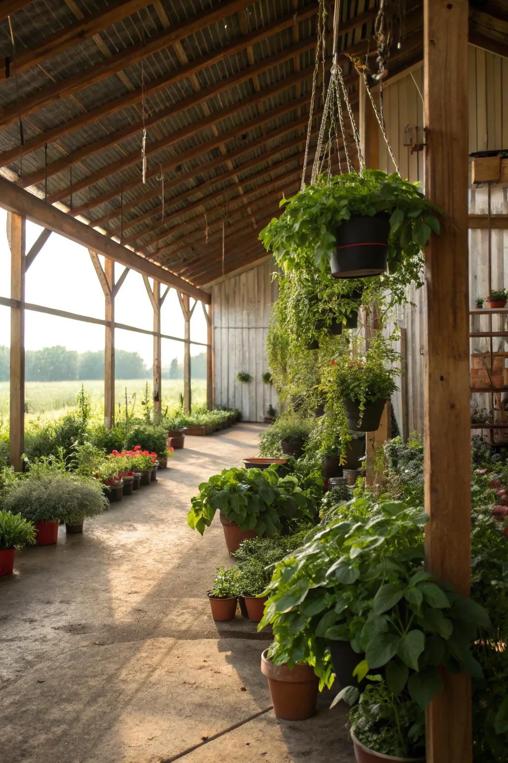 An indoor garden in a pole barn with potted plants and hanging greenery.