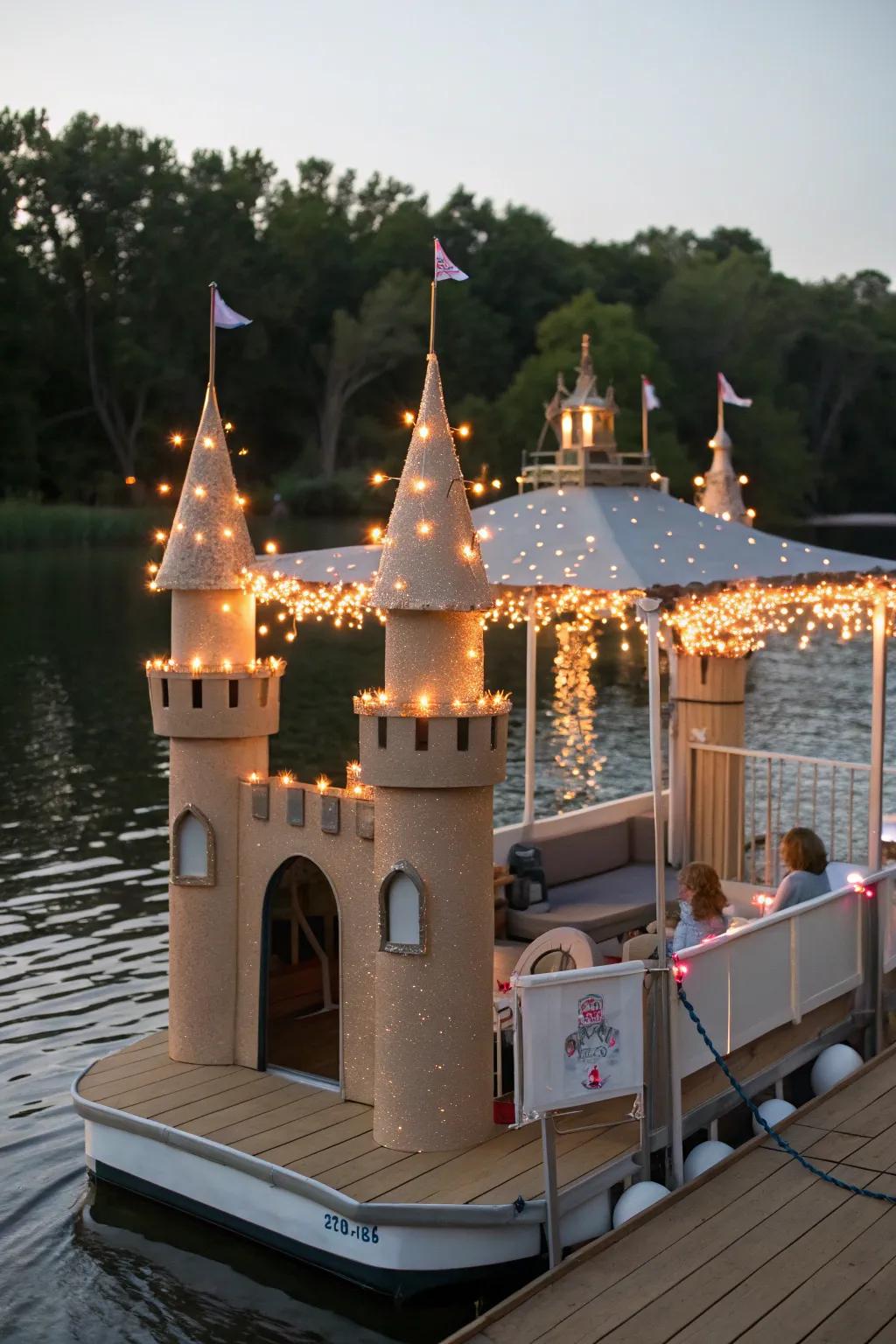 A pontoon boat designed with a fairytale castle theme, showcasing enchanting towers.