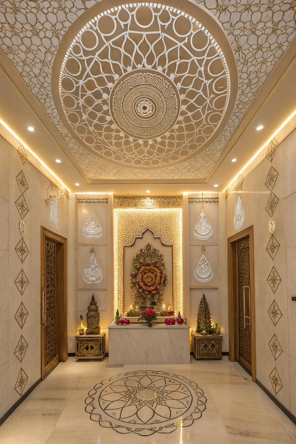 Sacred geometry patterns add depth and harmony to this pooja room.