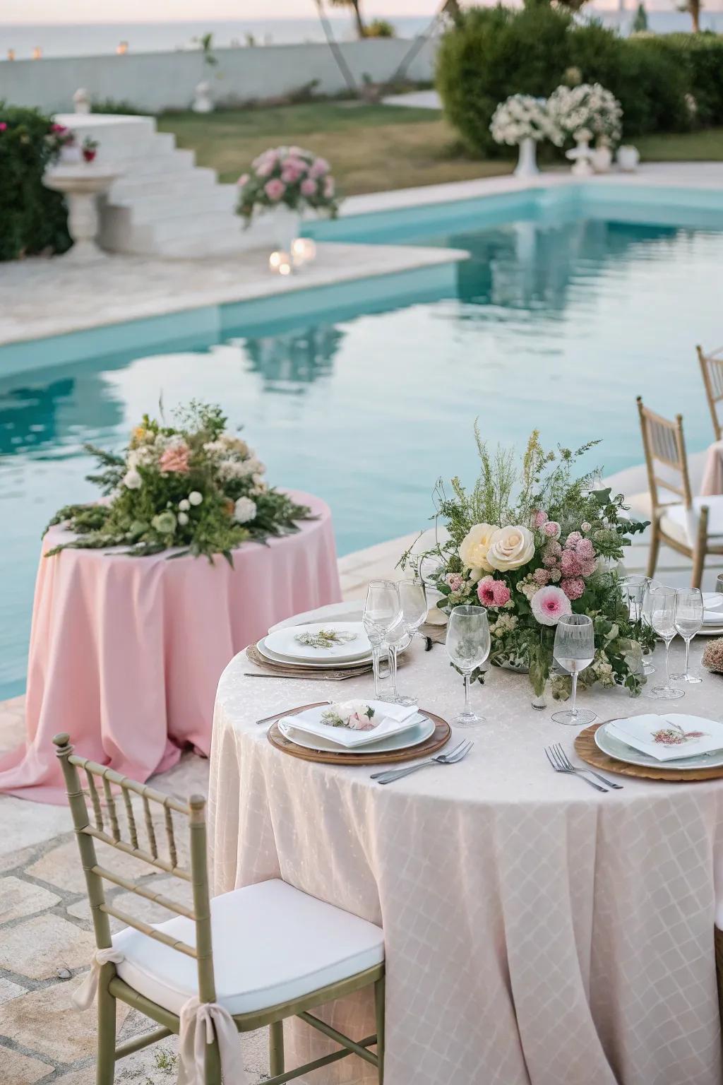 A refined table display positioned by the pool, elevating the celebratory ambiance.