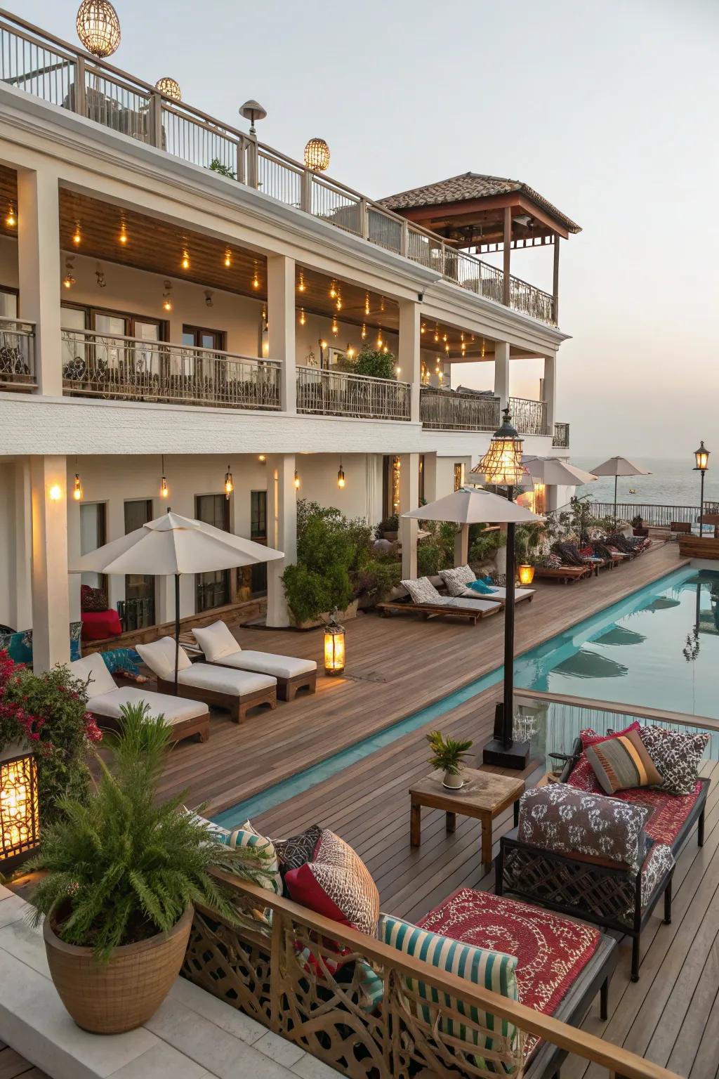 Multi-level decking adds dimension and maximizes space around your pool.