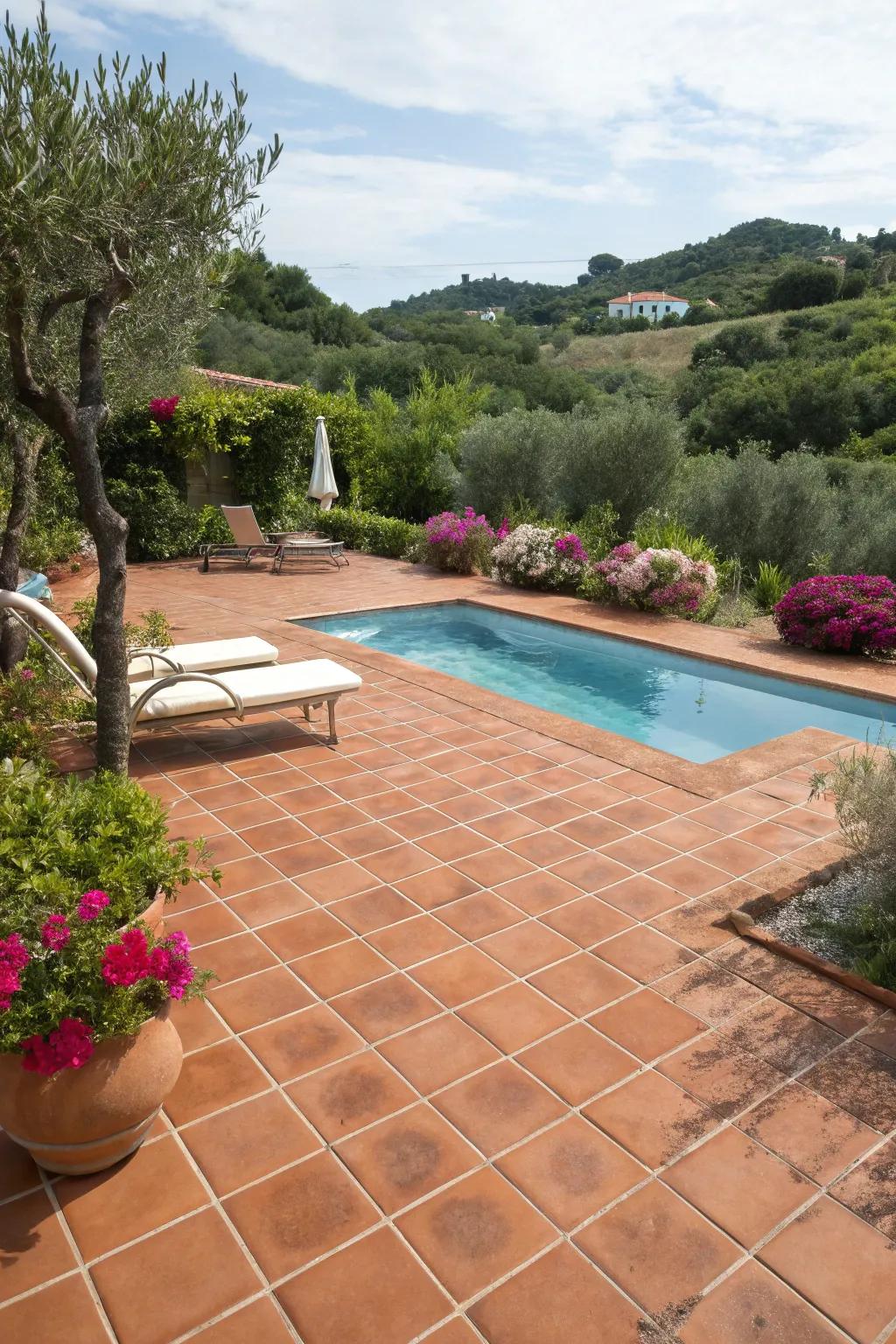 Bring Mediterranean charm to your pool deck with terracotta tiles.