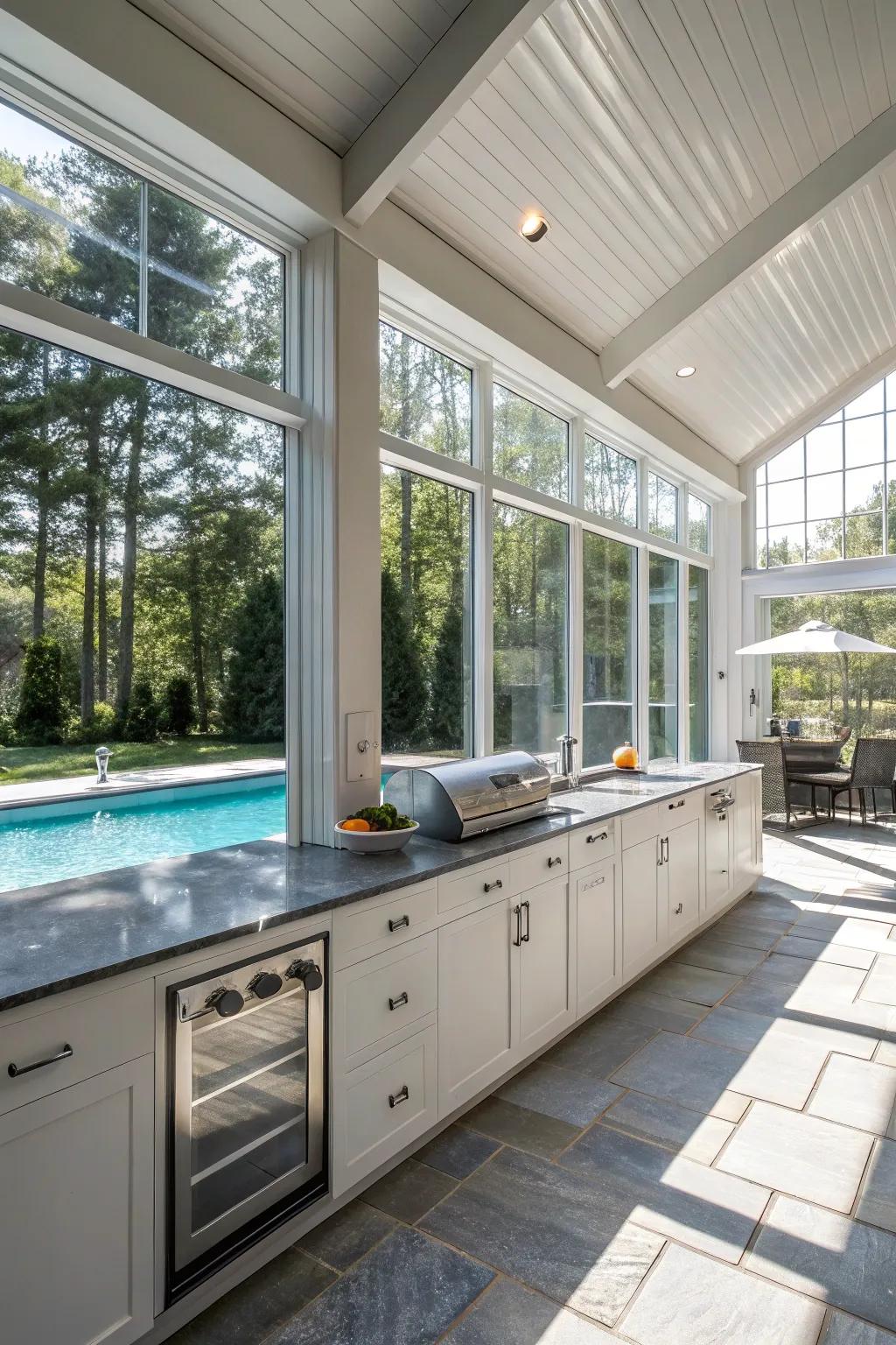 Weatherproof cabinets keep the kitchen looking new.